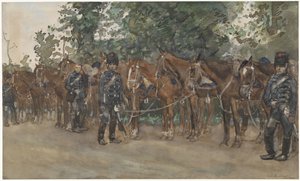 Husarer som står ved siden av hestene sine ved siden av veien av George Hendrik Breitner