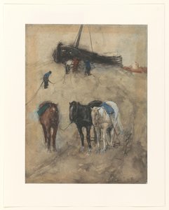Hester på stranden, i bakgrunnen en lekter og fiskere av George Hendrik Breitner
