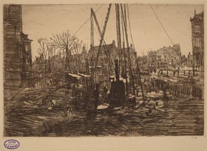 Scene i en nederlandsk by med pelhammer i forgrunnen av George Hendrik Breitner