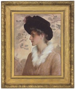 Portrett av en dame, halvlang, iført en svart hatt og pelsstol, 1888 av George Henry Boughton