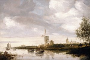 Et elvelandskap med lektere og seilbåter og en kirke utenfor av George Henry Clements