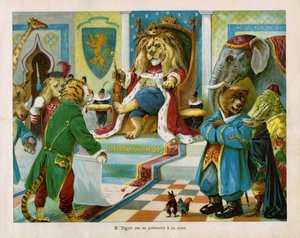 Tigret ba Kong Løve XV om å tillate medlemmer av Rovdyrforeningen å få lov til å spise andre dyr, i «Dyrenes krig», tekst av J. Jacquin og illustrasjoner av CH Thompson. Barnebok, Red. Hachette amp; Cie, Paris, ca. 1905.