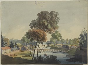 Landsbyen Chippawa nær Niagarafallene, ca. 1801 (wc på vevd papir)