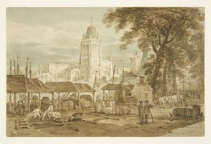 St Mary Redcliffe Church fra Welsh Back (blyant og akvarell på papir) av George Holmes