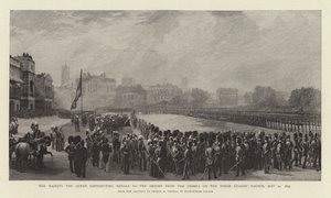 Hennes Majestet Dronningen deler ut medaljer til heltene fra Krim på hestevaktens parade, 21. mai 1855 av George Housman Thomas