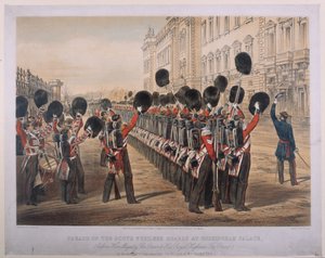 Parade av de skotske Fusilier-vaktene ved Buckingham Palace om morgenen deres avreise til Krigssetet, 2. mars 1854, gravert av E. Walker, utgitt av Colnaghi und Co., 1854 av George Housman Thomas