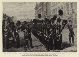 The Scotch Fusilier Guards paraderer foran Hennes Majestet Dronningen og Prinsgemalen om morgenen deres ombordstigning for Krim, 28. februar 1854 av George Housman Thomas