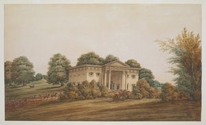 Et palladisk hagehus i et parklignende landskap, Delhi, med en vogn og outriders som nærmer seg av George Hutchinson