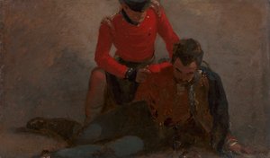En 42. høylander som deltar på en general fra de 7. husarene, muligens Henry William Bayly, første jarl av Uxbridge, senere først markis av Anglesey: en studie for 'Slaget ved Waterloo' av George Jones