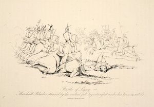 Slaget ved Ligny: Marshall Blucher lamslått av det voldsomme fallet lå viklet inn under hesten hans, puben J. Booth, 1816
