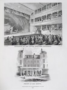 Interiør av Little Theatre, Haymarket i London og Front of the Above, gravert av James Stow (ca. 1770-1820) 1815 av George Jones