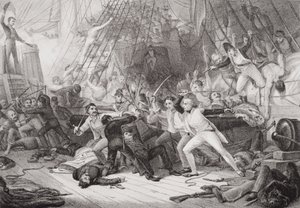 Nelson går ombord på San Josef i slaget ved St. Vincent, 14. februar 1797, fra "Illustrasjoner av engelsk og skotsk historie" bind II av George Jones