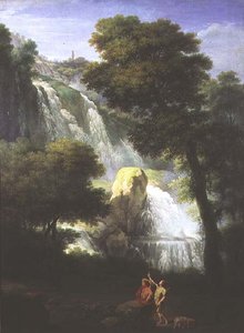 En utsikt over fossen i Terni med klassiske figurer i forgrunnen av George Knapton