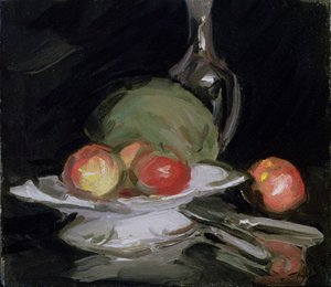 Stillebenskål med frukt, melon og karaffel