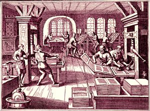 Inne i en trykkeri, Tyskland 1619 (gravering)