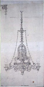 Design for en lysekrone (penn og sepiablekk på papir) av George Maddox