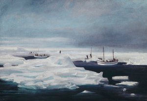 James Caird, Dudley Docker og Stancomb Wills fortøyd til isflaket i Weddellhavet, april 1916 av George Marston