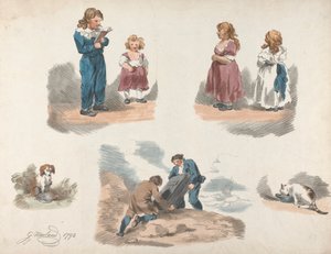 Sett med fem: Studier av barn, en hund, en katt, etc. av George Morland