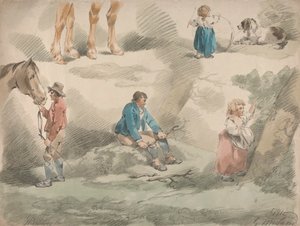 Sett med fem: Studier av jenter, en leker med bøyle, en plukker bær, mann og hest osv. av George Morland