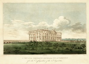 En utsikt over Presidents House i City of Washington etter brannen den 24. august 1814, pub. 1814 av George Moutard Woodward
