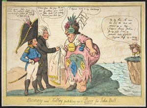 Boney og Talley lapper på et stykke for John Bull, pub. 1806 (håndfarget gravering)