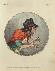 Tegneserie av en gammel kvinne, etset av Isaac Cruikshank