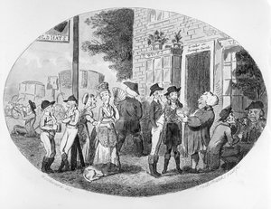 Utenfor Old Hats Tavern, gravert av Isaac Cruikshank, 1796