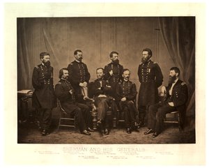Sherman og hans generaler [Blair lagt til fra et annet negativ før utskrift], 1865 (sepia-bilde)