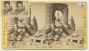 Stereograf av Bryan Block på det nordvestlige hjørnet av Monroe og LaSalle Streets etter Chicago Fire i 1871, 1871 (bw-bilde på kortfeste) av George N. Barnard
