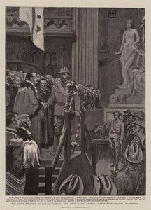 Byens velkomst ved Guildhall, Lord Mayor håndhilser med oberst Mackinnon av George Percy Jacomb Hood