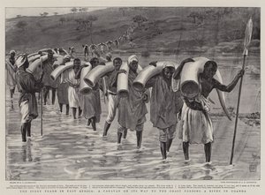 Elfenbenshandelen i Øst-Afrika, en karavane på vei til kysten som forser en elv i Uganda