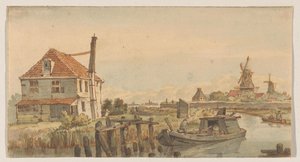 Seil med båt, hus og to vindmøller av George Pieter Westenberg
