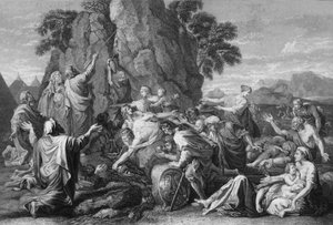Moses slo klippen to ganger, og vannet kom rikelig ut, 1840.