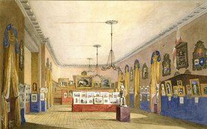 En utstilling i Old Town Hall, Oxford, 1854 (akvarell og kroppsfarge over blyant på stivt papir, lagt på originalfeste)