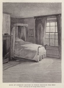 Rom på Somersby Rectory, Lincolnshire, der den engelske poeten Alfred, Lord Tennyson ble født i 1809 (litho)
