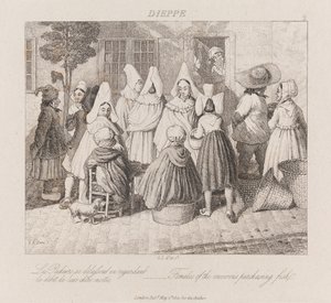 Kvinner som kjøper fisk, Dieppe, ca. 1821 (etsing)