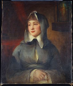 Portrett av en dame, halv lengde, som en nonne, som holder en rosenkrans, ved en helligdom i et interiør av George Romney