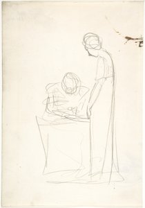Studie av to figurer: den ene sittende, den andre stående (recto). Studie av et hode som ser oppover (verso) av George Romney