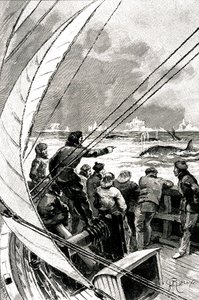 Til sjøs mot polen: mannskapet på et skip (seilbåt) ser en gruppe hvaler. Illustrasjon av romanen av Jules Verne (1828-1905) "" The Ice Sphinx "" av George Roux