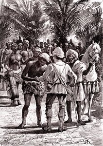 Utforsker i de store innsjøene i Sudan. 1888 (gravering) av George Roux