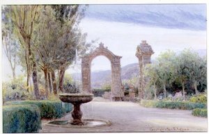 En italiensk hage med en fontene og to bueganger av George Samuel Elgood