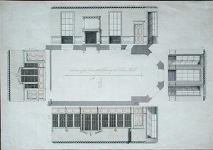 Seksjon av det tiltenkte biblioteket i Cobham Hall, Kent (penn og blekk med farget vask på papir) av George Shakespeare