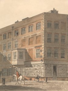 York House, hjørnet av Villiers Street og Strand, med Richardsons gamle og moderne trykklager i forgrunnen