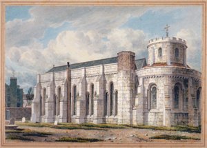 Utsikt over Temple Church fra den andre siden av kirkegården, City of London, 1811 av George Shepherd