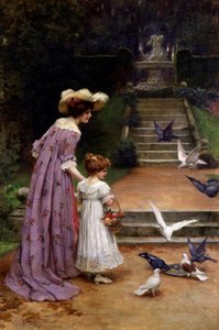 Mating av duer. En mor og datter som mater fuglene i en park. En fontene er avbildet øverst i trappen. Maleri av George Sheridan Knowles (1863–1931 britisk) Privat samling