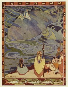 Glooskap samlet folket sitt på kysten og ba hvalene bære dem til sitt gamle hjem (farge litho) av George Sheringham