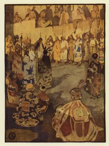 Det store rettsteltet ble fylt med Glooskaps folk for solens rettssak (farge litho) av George Sheringham