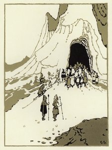 Folket satte ut for å finne gigantene, snart kom de til hulen deres (farge litho)