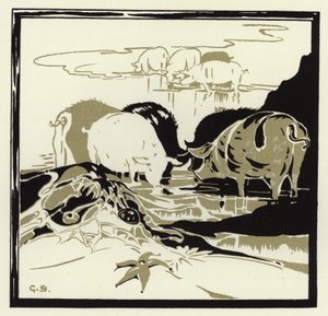 Grisene kom gryntende over sanden (farge litho) av George Sheringham