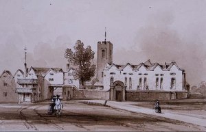 Highgate School and Chapel, ca. 1840 (vasketegning med sepia-blekk) av George Sidney Shepherd